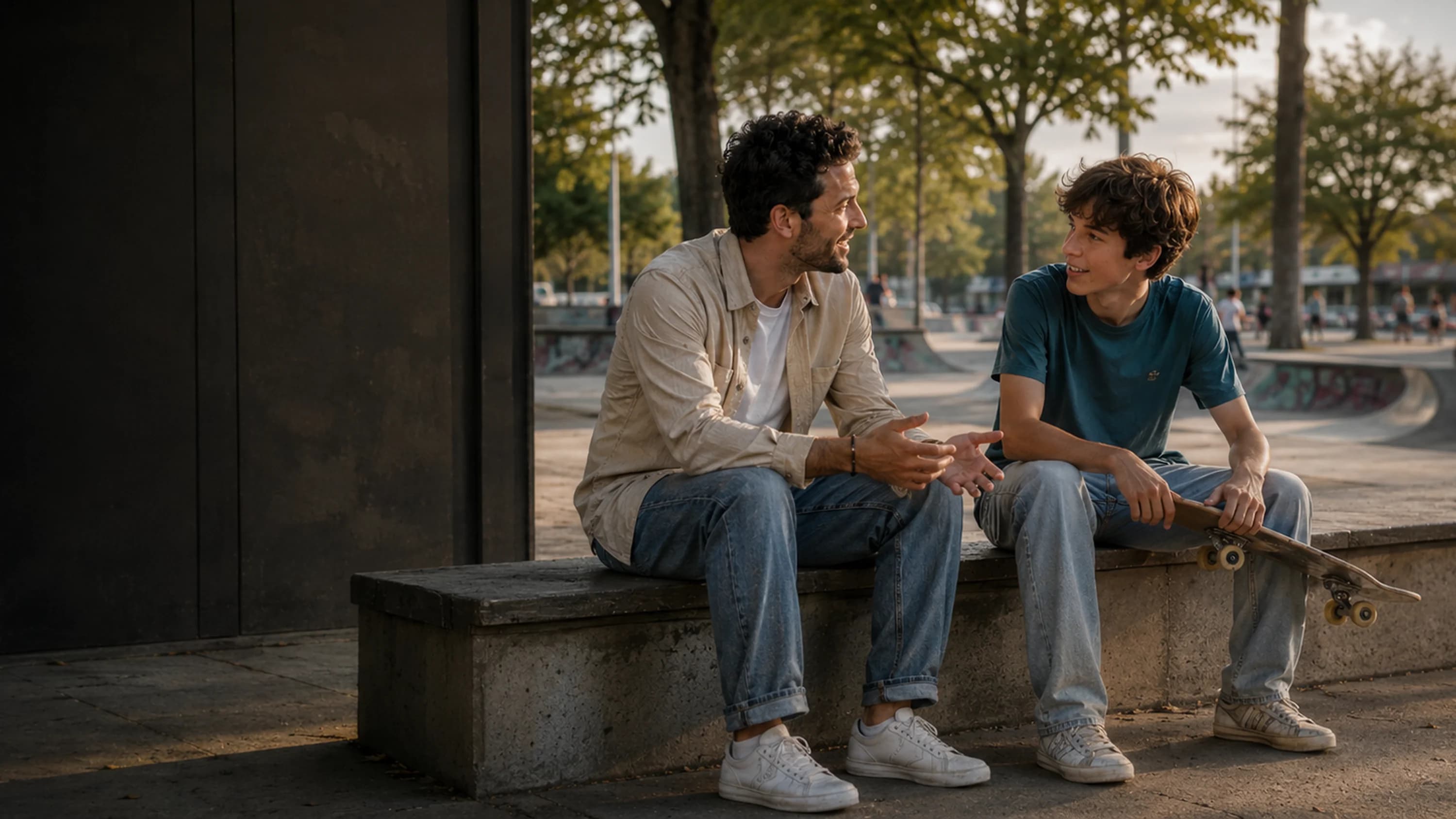 Begeleider in gesprek met jongere op een bankje bij een skatepark
